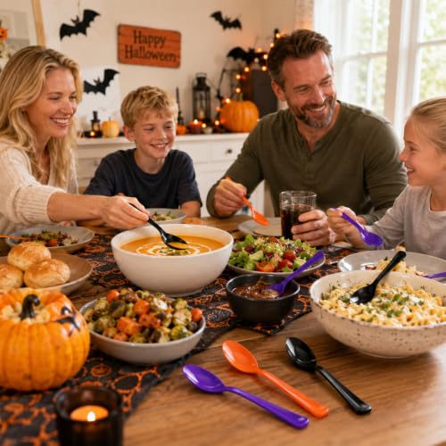 Halloween Plastic Spoons Set - Black, Orange & Purple Disposable Cutlery - 60 Pcs