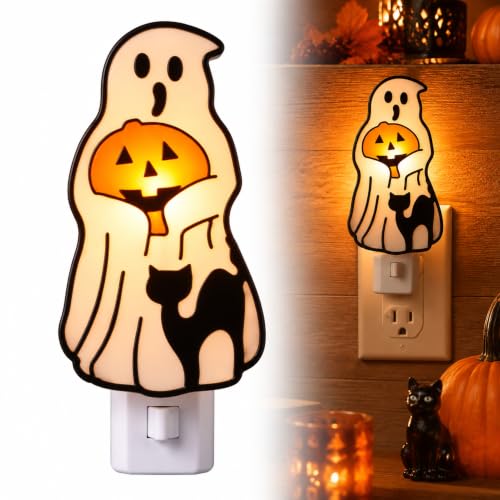2 Pack Ghost and Pumpkin Night Lights - 5 Inch Halloween Decor with Replaceable Bulbs