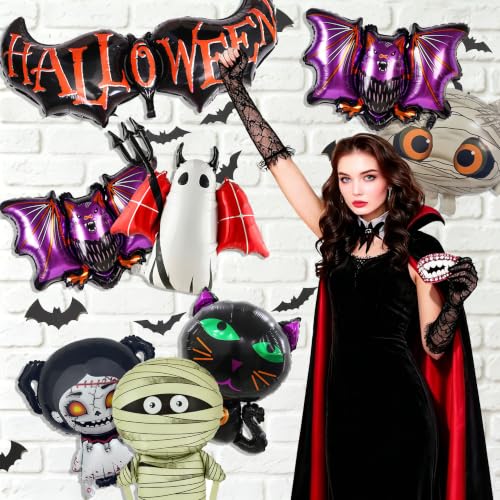 Halloween Balloons Pack with Bat Mummy Ghost Cat & Horror Doll Foil Balloons - Indoor Outdoor Decorations