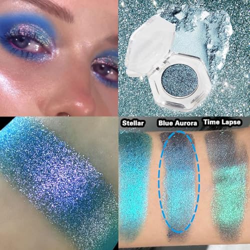 Blue Aurora Holographic Glitter Single Eyeshadow - Pearlescent Shimmer, Long-Wear Waterproof, Multi-Use Face Highlighter, 2g
