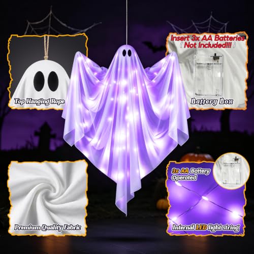 Halloween Hanging Light-up Ghost Decoration - 47-Inch Flying Purple LED Haunted House Prop