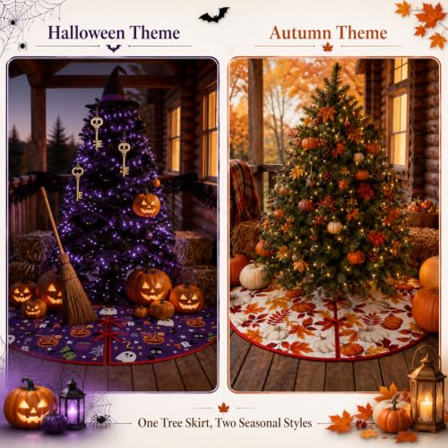 Fall Halloween Reversible Tree Skirt - 36 Inch Seasonal Holiday Decor - Fall & Halloween Design