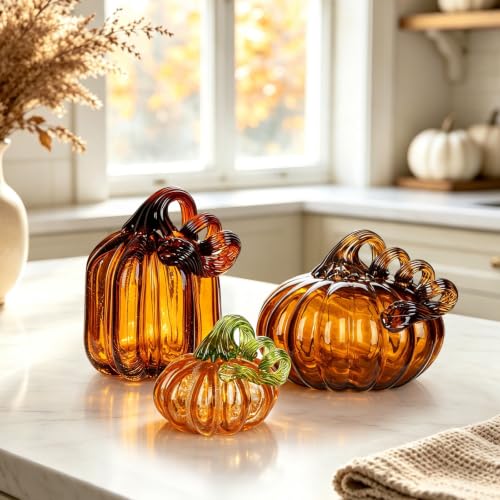 Brown Glass Pumpkin Fall Decor Set - 3 Handblown Autumn Pumpkins, Halloween & Thanksgiving Centerpiece