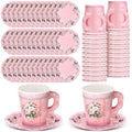 Pink Floral Paper Tea Cups and Saucers Set - 7 oz Disposable Party Drinkware