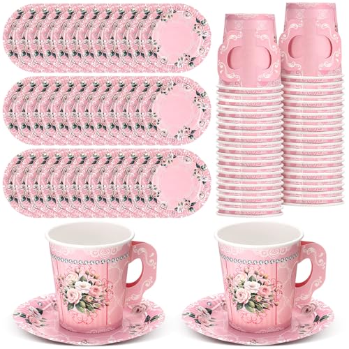 Pink Floral Paper Tea Cups and Saucers Set - 7 oz Disposable Party Drinkware