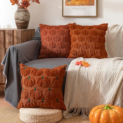 ANRODUO Fall Decorations Pillow Covers 18x18 Set of 2 Dark Rust Pumpkin Embroidered