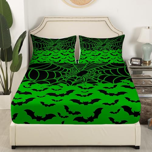 Feelyou Halloween Bat Bed Sheets Set - Green Queen Size Kids Bedding - Spider Web Design, Halloween Decor