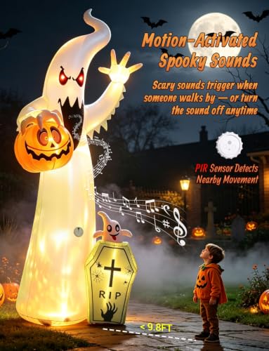 Halloween Inflatable Ghost Pumpkin Scene with Motion-Activated Sounds - 12FT