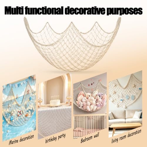 Beach Ocean-Themed Decorative Fish Net 80x40 Inch for Party & Home Decor - Beige 2PCS