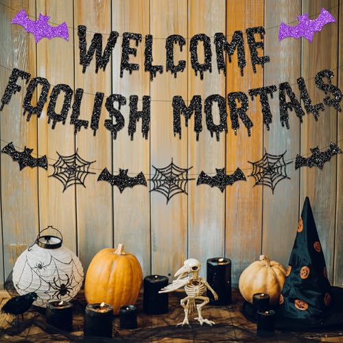 White Welcome Foolish Mortals Halloween Banner No-DIY Party Decoration