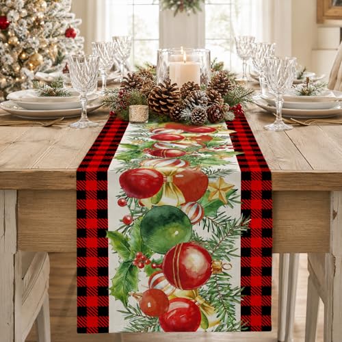 Christmas Gingham Table Runner 13x72 inch - Red & Black Plaid Holiday Decor