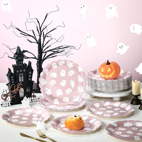 Pink Ghost Boo Halloween Disposable Plates 9 Inch - 100 Pack