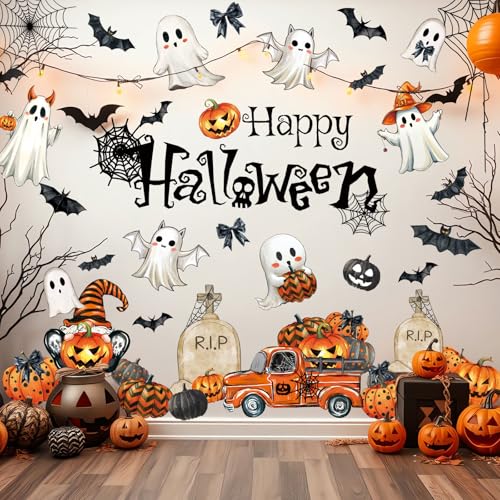 Halloween Wall Decals Set - Spooky Ghost Pumpkin Bat Spider Web Stickers for Home & Party Decor