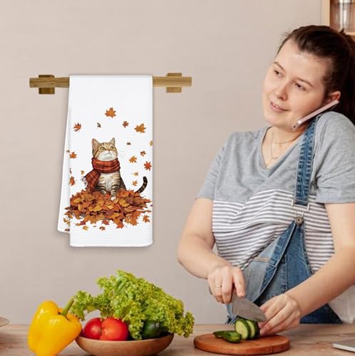 Fall Cat Kitchen Towels - Cat Maple Leaf Autumn Hand Towels for Kitchen & Bathroom - Variation of Cat Fall