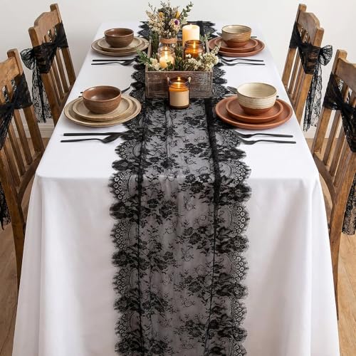 Black Lace Table Runner Set - 5 Pieces 30x120 Inch Rectangular Tablecloths - Elegant Wedding Decor