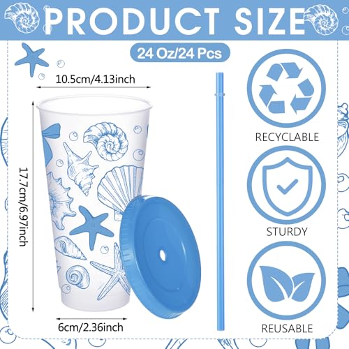 24 oz Coastal Summer Plastic Cups with Lids & Straws - Blue Bow Shells