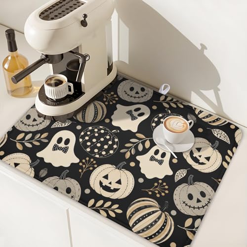 Ghost Pumpkin Halloween Dish Drying Mat 18x24 Inch Absorbent Microfiber Kitchen Decor