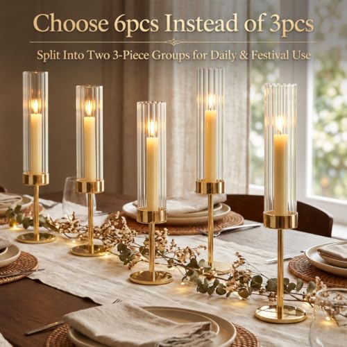 Gold Hurricane Taper Candle Holders Set of 6 - Brass & Ribbed Glass Centerpieces for Wedding & Home Decor