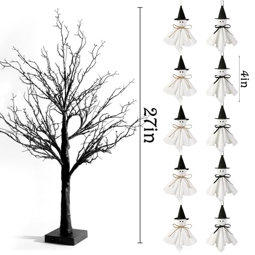 Halloween Lighted Artificial Tree with Ghost Ornaments - 27 Inch Indoor Decor