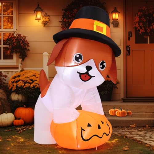 Inflatable Thanksgiving Dog Decor with Pumpkin & Pilgrim Hat, LED Lights - 5.2 FT Outdoor Yard Decoration