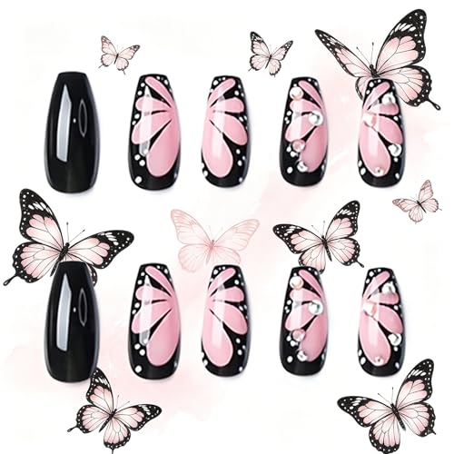 Pink Butterfly Rhinestone Press On Nails - Coffin Style, 24 Pieces, Black & Pink Variations