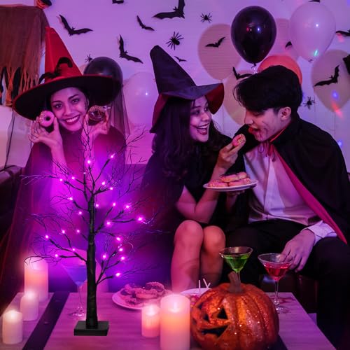 2 Pack Halloween Tree Lights - Purple LED 24-Inch Spooky Decor with Timer & USB