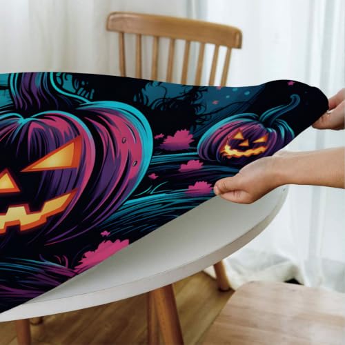 50-Inch Glowing Pumpkin Fitted Waterproof Round Tablecloth for Halloween Parties