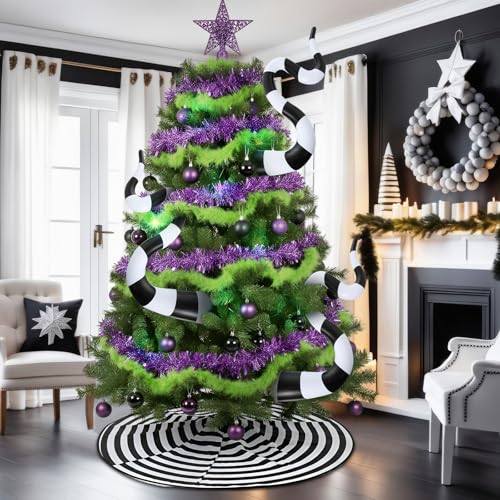 Halloween Tree Decor Skirt - 47 Inch Green Feather Boa & Black-White Sandworm Set