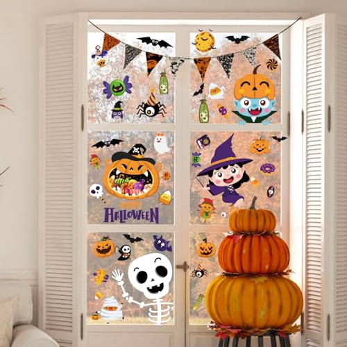 Halloween Window Clings Set - 6 Large Static Decals for Indoor & Outdoor Decorations