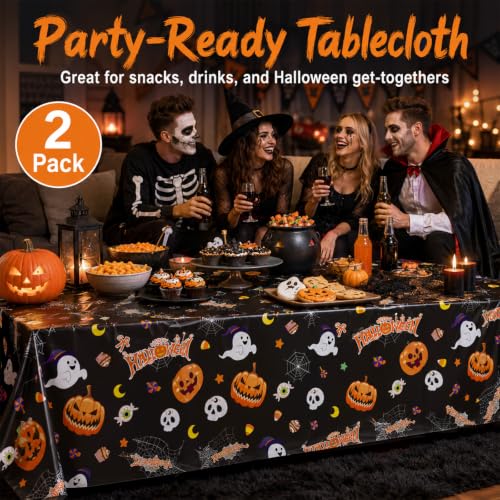Disposable Halloween Tablecloth - Black Plastic Cover 54x108 Inch 2 Pack