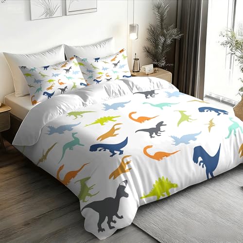 Twin Size Colorful Dinosaur Duvet Cover Set for Kids Bedroom - White 68x86