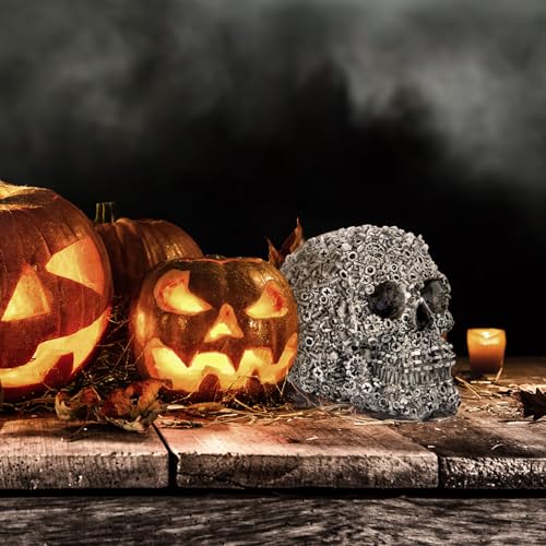 Resin Skull Figurine with Screw - Human Head Sculpture for Home Decor, Halloween, Grey, 6.1 x 4.3 x 5.1 inches
