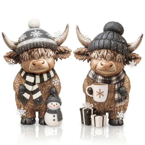 Winter Highland Cow Figurine Set - Resin Farmhouse Decor with Scarf & Hat