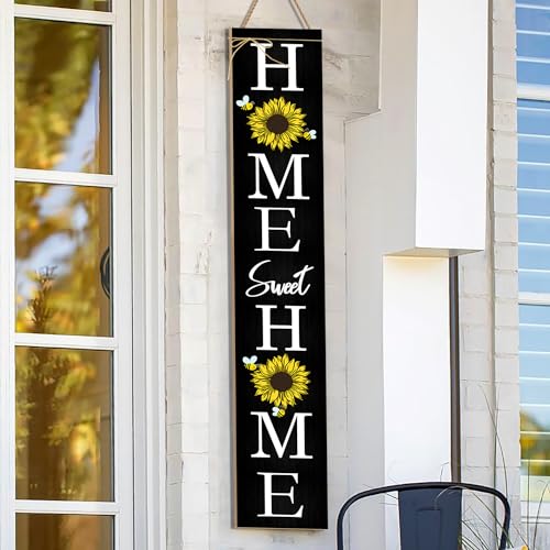 Black Sunflower Welcome Porch Sign for Front Door - Rustic Vertical Farmhouse Decor - 7.8x47.5 Inches