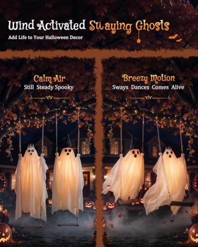 2-Pack Swinging Ghost Outdoor Halloween Decorations - Adjustable 4.5-7.2 FT Wind-Activated Ghosts with Lights