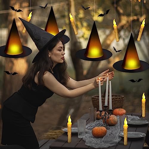 Lighted Floating Witch Hats Halloween Decor Set - 12 Pieces with Candles & Bats