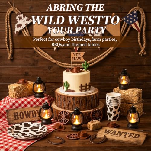 Western Cowboy Party Decorations Set - Rustic Table Centerpieces with LED Lanterns, Hats, Horseshoes, Wagon Wheels & Hay Bales, 40 pcs