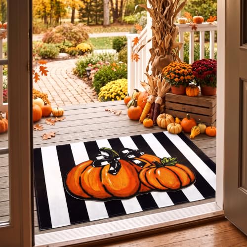 Fall Doormat Set with Pumpkin & Striped Welcome Mats - Outdoor Porch Decor