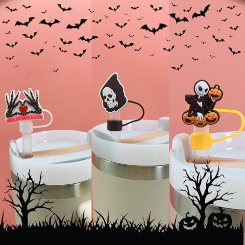 15PCS Halloween Ghost Straw Covers for Stanley Cups - Reusable Silicone Toppers