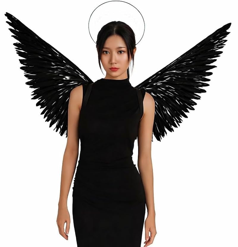 Black Angel Wings and Halo Headband Set Costume Accessory for Adults & Kids - Halloween, Cosplay, Parties (Black)