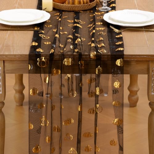MLMC Fall Pumpkin Table Runner Black Sheer Gauze Foil 6PC - Elegant Holiday Decor