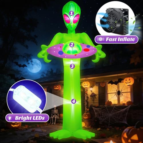 10FT Tall Inflatable Alien with UFO Halloween Outdoor Decoration - Sci-Fi Yard Inflatable with Lights & Stakes
