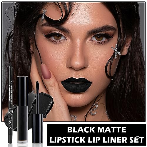 Black Matte Lipstick & Lip Liner Set - Bold, Long-Lasting Waterproof Lip Makeup - Variation: Black