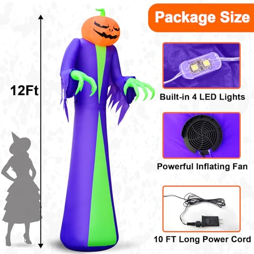 12FT Giant Halloween Inflatable Pumpkin & Ghost Yard Decoration with LED Lights