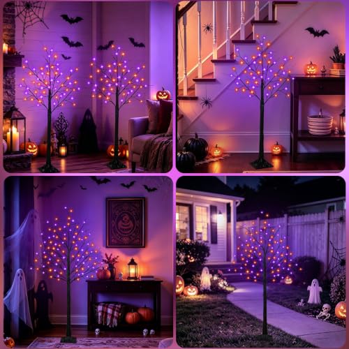 Halloween Black Tree Lights Set - 4Ft 2-Pack with Orange & Purple LEDs - Variation: Orange & Purple / 4Ft 2Pack