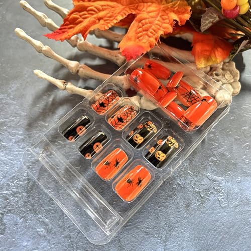 Halloween Press On Nails 24Pcs Medium Square Bat Spider Web Design - Halloween Nails 2