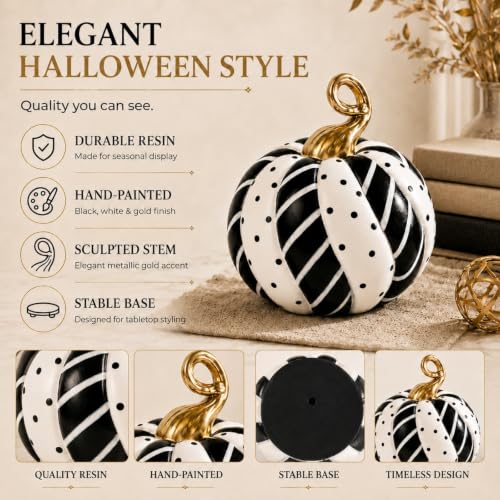 Black and White Pumpkin Decor Figurine Halloween Home Accent - Black White Variation