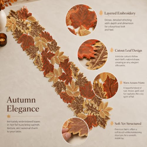 Brown Fall Maple Leaf Embroidered Table Runner 13x69 Inches for Autumn Decor