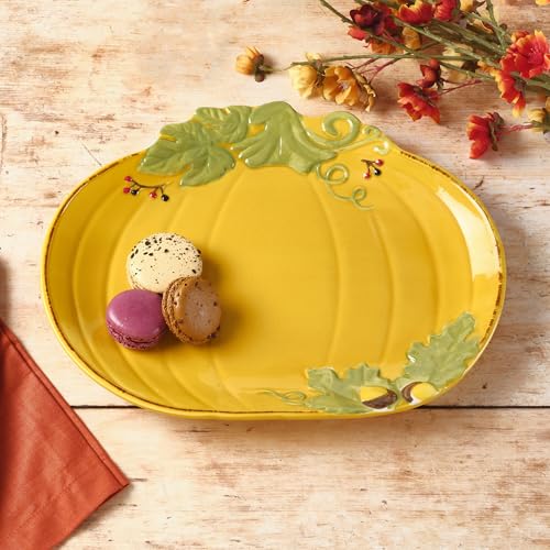 Pumpkin Serving Platter - 12 Inch Fall Pumpkin Shape with Acorn & Leaf Accents