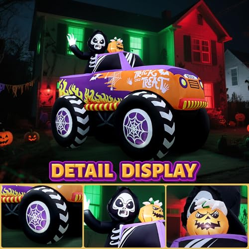 8FT Halloween Inflatable Monster Skeleton Truck with Built-in LEDs - Outdoor Decor - Halloween Truck Variation